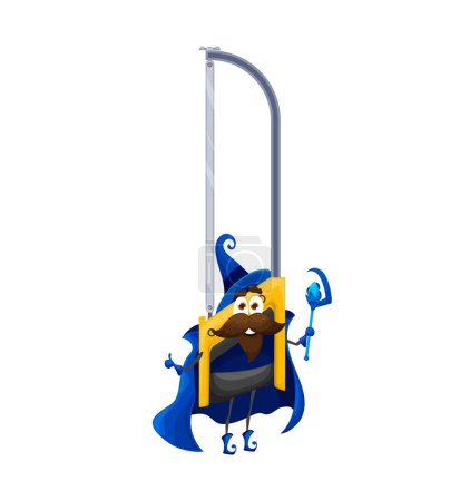 Illustration for Cartoon halloween hacksaw tool wizard character. Funny magician handsaw personage casts spell with magic wand. Isolated vector whimsical repair instrument wear sorcerer cape, construction store mascot - Royalty Free Image