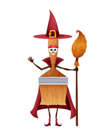 Illustration for Cartoon Halloween paint brush witch character holding broom. Isolated vector paintbrush enchantress diy tool personage dressed in witch hat, cloak and boots casting spell with playful face expression - Royalty Free Image