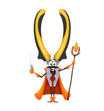 Illustration for Cartoon Halloween pliers tool wizard character. Diy instrument casts spell with potion and staff. Vector funny smiling construction equipment personage dressed in warlock cape ready for holiday party - Royalty Free Image