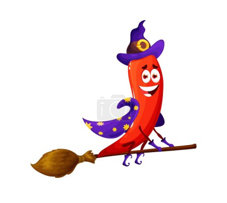Téléchargez les illustrations : Dessin animé Halloween poivre sorcière caractère. Isolé vecteur rouge jalapeno personnage volant pour la fête sur balai. Magicien de légumes drôle vêtu d'un grand chapeau et d'une tenue magique, produit naturel sain - en licence libre de droit