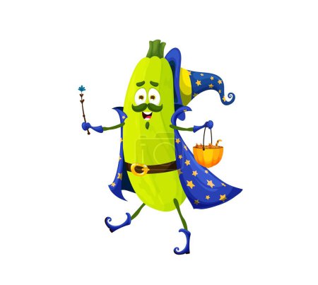 Illustration for Cartoon Halloween zucchini wizard character. Isolated vector vegetable warlock personage wear sorcerer hat and cape carrying pumpkin bucket for sweets and wand. Mystical veggies trick or treat candies - Royalty Free Image
