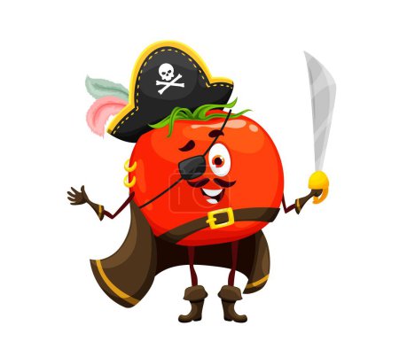 Illustration for Cartoon Halloween tomato pirate character. Vector ripe vegetable corsair, comic cheerful plant sea dog wear fete filibuster captain clothing, eye patch, buccaneer cocked hat and cape and hold saber - Royalty Free Image