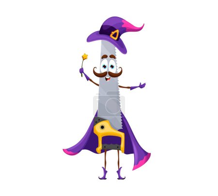 Illustration for Cartoon Halloween saw tool wizard character wear pointed hat, cloak, wielding mystical wand. Isolated vector fantasy diy tool personage attired in warlock robe and cone-shaped cap casting magic spell - Royalty Free Image