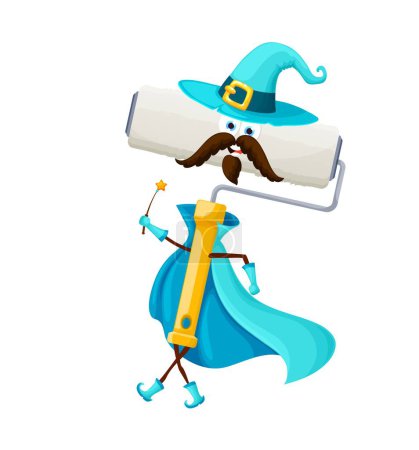 Illustration for Cartoon Halloween paint roller tool wizard character. Diy instrument holding wand. Vector funny smiling construction or renovation personage dressed in warlock robe and hat ready for home improvement - Royalty Free Image