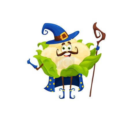 Illustration for Cartoon halloween cauliflower wizard character. Isolated vector wizardly vegetable personage holding bewitching staff, dressed in warlock robe and hat. Funny healthy veggies necromancer or sorcerer - Royalty Free Image