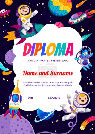Kids astronaut diploma, cartoon boys and alien characters in starry galaxy. Educational school certificate vector template. Children award frame, appreciation document, courses graduation or trophy
