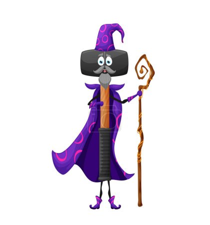 Illustration for Cartoon Halloween sledgehammer or maul tool wizard character. Isolated vector sledge instrument wear cloak and hat with mischievous smiling face. Whimsical witchy beetle wields magic staff - Royalty Free Image