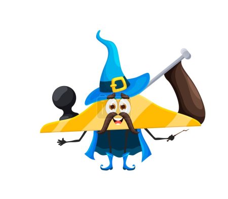 Illustration for Cartoon Halloween plane tool wizard character. Funny magician DIY personage casts spell with magic staff. Isolated vector whimsical carpentry construction instrument wear sorcerer or astrologer attire - Royalty Free Image