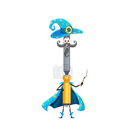 Illustration for Cartoon halloween file or rasp tool wizard character. Isolated vector repair, diy, carpentry or construction instrument hold magic wand. Funny smiling personage dressed in warlock robe celebrate party - Royalty Free Image