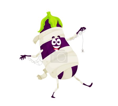 Téléchargez les illustrations : Dessin animé Halloween aubergine momie personnage. Personnage vectoriel de légumes humoristiques habillé avec des enveloppements sur le corps. Des légumes drôles portant un costume de monstre avec un grand sourire sur le visage. Aubergine fantomatique isolée - en licence libre de droit