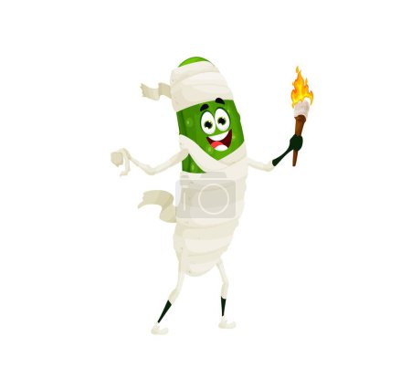 Illustration for Cartoon halloween cucumber mummy character. Isolated vector vegetable wrapped in white bandages with burning torch in hand and cheerful facial expression. Funny veggies healthy food dressed as monster - Royalty Free Image