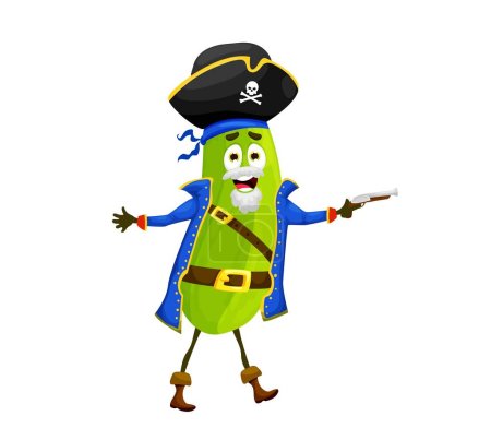 Cartoon halloween zucchini pirate figur. Isolierte Vektorfantasie Filibuster rohes Gemüse. Lustige Seeräuberpersönlichkeit mit Freibeuter-Kostüm, Dreispitz und Stiefeln schießt mit Gewehr