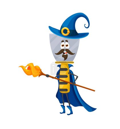 Illustration for Cartoon Halloween putty knife tool wizard character holding magic staff ready for mystic summoning or performing dark incantation. Vector Diy construction instrument with funny smiling mustached face - Royalty Free Image