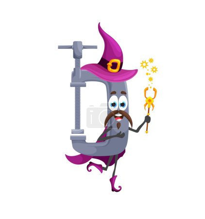 Illustration for Cartoon Halloween clamp tool wizard character. Isolated vector clasp or jaw workshop instrument holding magic wand ready for party. Construction equipment warlock casting dark incantation or spell - Royalty Free Image