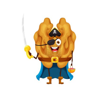Illustration for Cartoon Halloween pirate walnut character. Isolated vector nut wearing buccaneer costume, eye-patch, cloak and tricorn hat with cutlass in hand. Amusing corsair, fantasy fairytale captain filibuster - Royalty Free Image