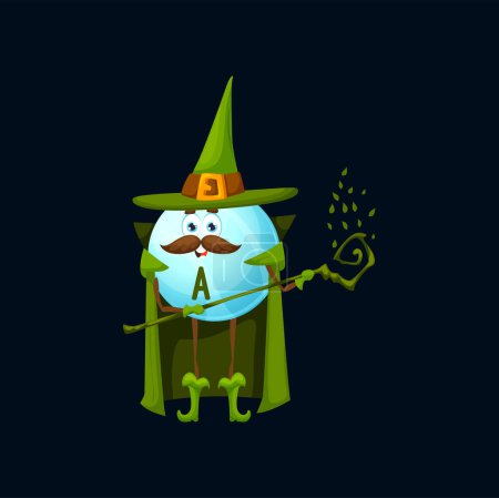 Illustration for Cartoon vitamin A sorcerer character. Vector retinol capsule holding magic staff. Isolated warlock ball pill personage with moustaches wearing green pointed hat and cloak. Fantasy nutrient tablet - Royalty Free Image