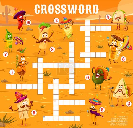Illustration for Crossword quiz game grid with mexican food characters. Find a word vector worksheet with enchilada, nachos, quesadilla, tacos, churros and chimichanga. Jalapeno pepper, burrito, tamales and avocado - Royalty Free Image