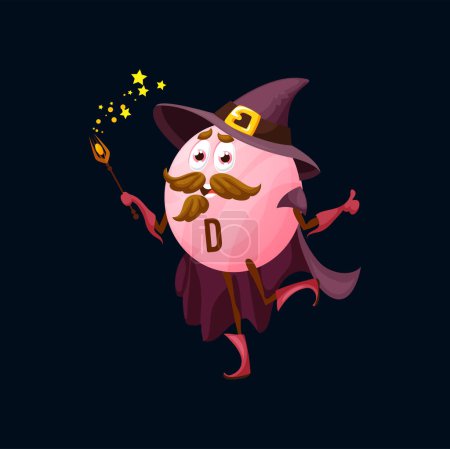 Illustration for Cartoon vitamin D sorcerer character. Vector calciferol capsule dancing. Isolated pink cheerful food supplement drug personage in wizard costume casting spell with magic wand and show thumb up - Royalty Free Image