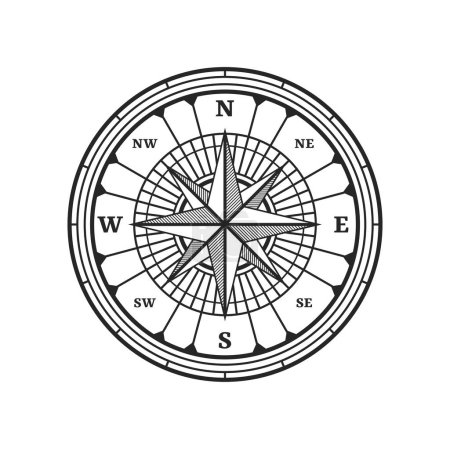Illustration for Compass wind rose star, old vintage travel map and nautical navigation vector symbol. Vintage compass with north west and east south direction arrow in wind rose, marine cartography sign - Royalty Free Image