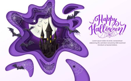 Illustration for Halloween paper cut, cartoon night castle. Happy Halloween holiday vector banner, paper cut horror background with scary medieval castle stone towers, flying on full moon spooky bats and spider cobweb - Royalty Free Image
