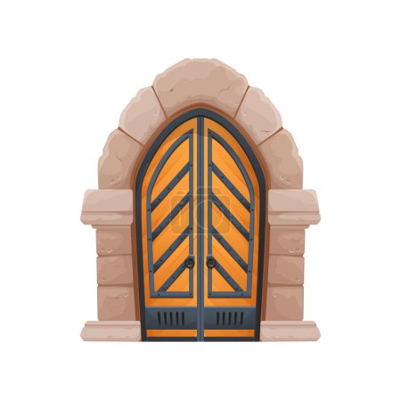 Illustration for Cartoon medieval castle gate, wooden door of old house, church or fortress tower. Vector wood door, entrance or portal with stone arch frame, ring pull handles, forged iron rivets and heavy panels - Royalty Free Image