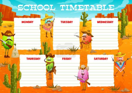 Illustration for Education timetable schedule, cartoon vitamin cowboy, ranger bandit and sheriff characters, vector weekly planner. Funny vitamins in cowboy hat and Western rifle for school lessons timetable schedule - Royalty Free Image