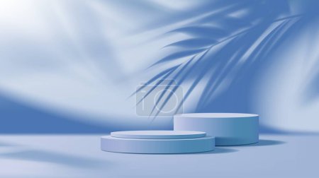 Téléchargez les illustrations : Modélisation vide du podium bleu pour l'affichage du produit fond avec des feuilles de palmier ombre, vecteur 3D. Pied de podium bleu ou support de plate-forme avec lumière de fenêtre sur le mur, la maquette d'affichage de produits cosmétiques ou de luxe - en licence libre de droit