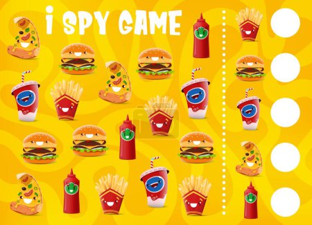 Illustration for I spy game, funny cartoon takeaway fast food characters, vector quiz worksheet. Pizza, cheeseburger and fries with ketchup and soda in kids puzzle game to find and match same cheerful fast food snacks - Royalty Free Image