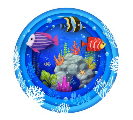 Illustration for Cartoon tropical fish, seaweeds and sea in paper cut, vector underwater landscape or undersea world. Coral reef in sea or ocean water papercut, underwater world with exotic fishes and corals on rocks - Royalty Free Image