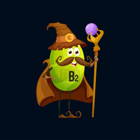 Illustration for Cartoon vitamin B2 wizard character Vector funny riboflavin capsule sorcerer personage holding magical staff. Isolated positive nutrient pill wearing long witch cloak and pointed hat with buckle - Royalty Free Image