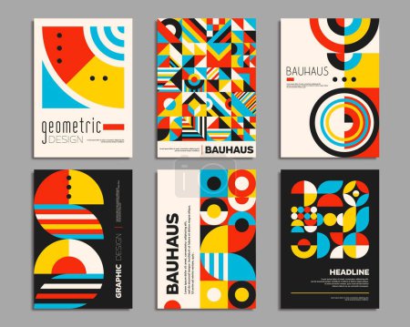 Téléchargez les illustrations : Affiches Bauhaus. Schémas géométriques abstraits. Pages de documents d'identité d'entreprise, pages de présentation d'entreprise ou affiches modèles vectoriels avec forme abstraite Bauhaus, forme géométrique modèle abstrait - en licence libre de droit
