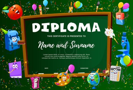 Illustration for School kids diploma, cartoon supplies characters on holidays, vector education certificate. Funny school book and pencil with eraser on birthday party celebration for kindergarten certificate diploma - Royalty Free Image
