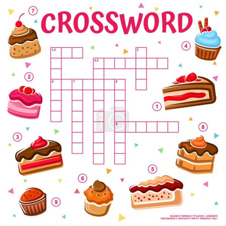 Illustration for Cakes, cupcakes and pies, crossword grid or find word quiz game, vector worksheet. Search word quiz grid to find word of pastry dessert, cheesecake or tiramisu cake, muffin cupcake and pudding souffle - Royalty Free Image