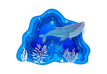 Illustration for Cartoon sea paper cut landscape with whale. Underwater papercut banner features a charming animal amidst a serene underwater landscape with corals, bubbles and rocks depicted in intricate paper art - Royalty Free Image