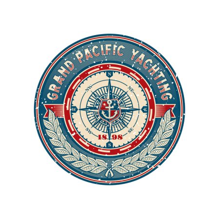 Téléchargez les illustrations : Patch rétro Yacht Club, badge grunge régate marine. Timbre rond de navigation maritime, symbole vectoriel d'aventure maritime ou emblème rétro de voyage océanique. Étiquette régate nautique avec boussole, ancre et couronne de laurier - en licence libre de droit