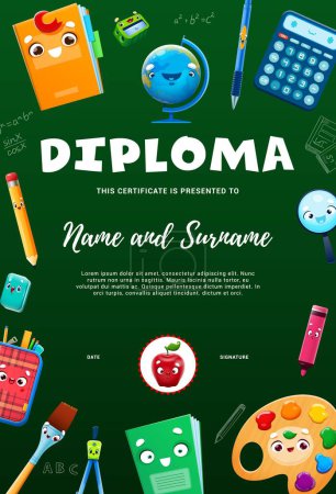 Illustration for Kids diploma, cartoon school supply characters on certificate award, vector template. School or kindergarten certificate diploma with funny book, calculator, pencil or pen with eraser on chalkboard - Royalty Free Image