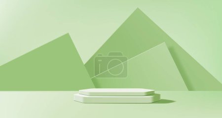 Illustration for Light green, olive or pistachio podium background, vector product display platform. Green podium in studio, stage scene show pedestal with geometric wall for product display stand or cosmetic backdrop - Royalty Free Image