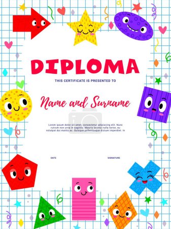 Illustration for Kids diploma with math shape characters for education certificate vector background. Funny geometry class shapes of triangle square and star with circle for school or kindergarten workshop diploma - Royalty Free Image