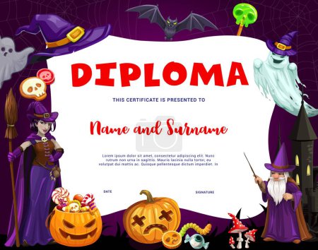 Illustration for Halloween kids diploma, education or appreciation school or kindergarten vector certificate with cartoon wizard, witch characters, sweets, ghosts, bat, amanita and jack lantern personages, award frame - Royalty Free Image
