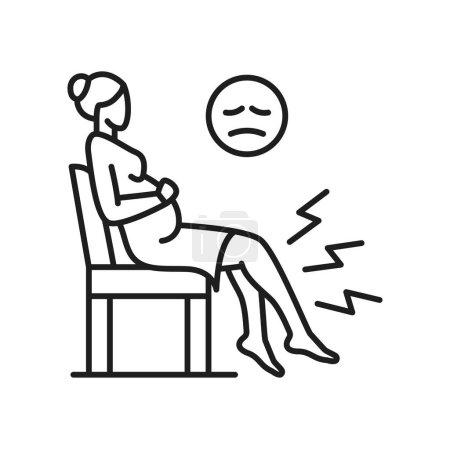 Ilustración de Mujer sentada en silla con edema e hinchazón del dolor en las piernas, las venas varicosas esbozan el icono. Vector presión arterial anormal, válvulas débiles, truenos como dolores - Imagen libre de derechos