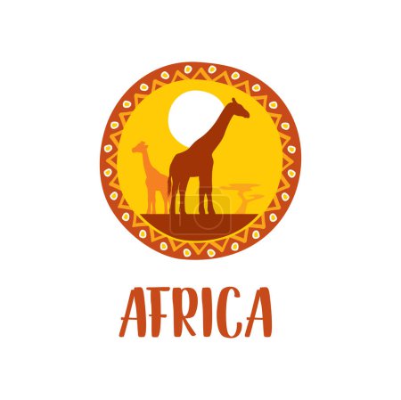 Téléchargez les illustrations : Icône de l'Afrique, girafes safari africaine symbole rond dans le cadre de motif tribal. Voyage vectoriel, continent africain signe culturel et touristique ethnique, silhouettes animales girafes avec baobabs et soleil - en licence libre de droit