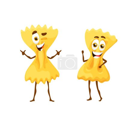 Illustration for Cartoon farfalle pasta characters. Pleasant macaroni personages with cheerful bright countenance. Yummy Italian cuisine kawaii emoticon, adorable dinner emoji, whimsical Italy noodles in shape of bow - Royalty Free Image