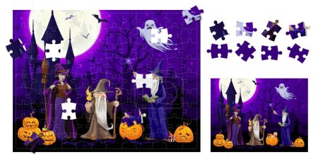 Illustration for Halloween jigsaw puzzle game pieces. Cartoon sorcerer, witch and wizard on midnight cemetery. Shape match puzzle, block connect vector worksheet with spooky ghost, mage and witch Halloween personages - Royalty Free Image