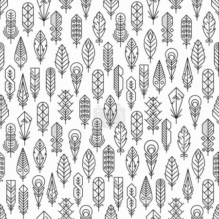Illustration for Feather line icons seamless pattern. Fabric or wallpaper seamless background, textile or wrapping paper backdrop pattern or monochrome vector print with abstract feathers outline ornament or symbol - Royalty Free Image