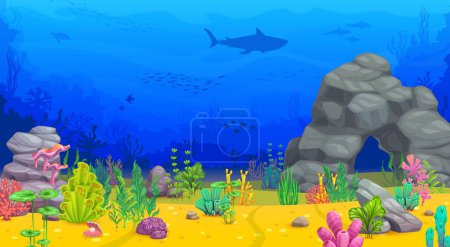 Ilustración de Dibujos animados paisaje submarino con arco de roca y algas marinas. Fondo vectorial con plantas marinas, arrecifes de corales y animales. Siluetas de cardúmenes de tiburones, tortugas y peces en el océano. Vida tropical acuática acuática - Imagen libre de derechos