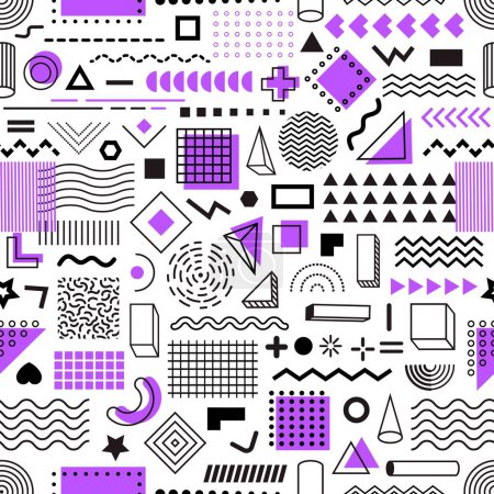 Illustration for Memphis geometric line shapes seamless pattern. Fabric minimalistic print with Memphis shapes, funky geometric doodles vector wallpaper. Textile seamless background with colorful geometric pattern - Royalty Free Image