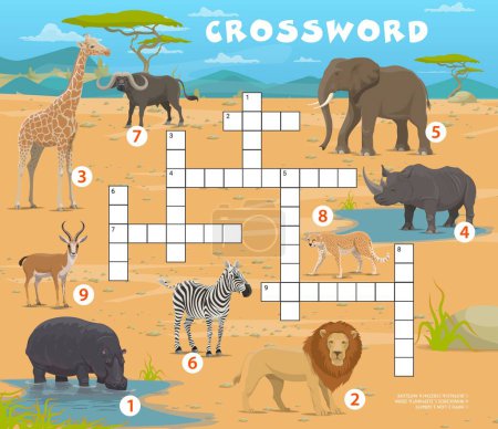 Crossword quiz game African savannah safari animals, vector worksheet grid. Lion, zebra and elephant with buffalo and rhinoceros or hippopotamus in Africa savanna for kids game of cross word grid