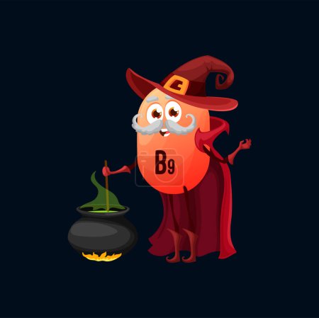 Illustration for Cartoon vitamin B9 mage character. Vector magician with gray mustaches stirring potion in cauldron on fire. Isolated red folate capsule personage wearing pointed hat and cloak with cheerful emotions - Royalty Free Image