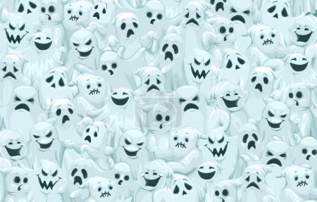 Illustration for Cartoon halloween ghosts pattern. Vector background with white creepy spooks emotions and face expressions. Greeting card or banner with funny phantoms smile, yell, grin or sad ghosts - Royalty Free Image