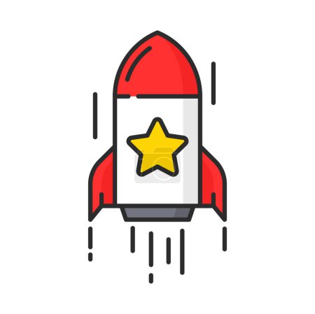 Illustration for Rocket with loyalty point star icon of special benefits, reward or bonuses growth. Vector thin line symbol of rocket with gold star, customer loyalty incentive program or shopping bonus system - Royalty Free Image